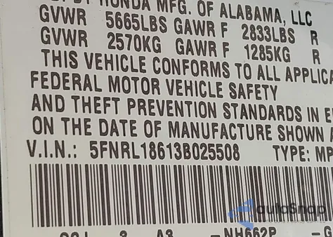 2003 Honda Odyssey Ex z USA, uszkodzony, nr VIN 5FNRL18613B025508